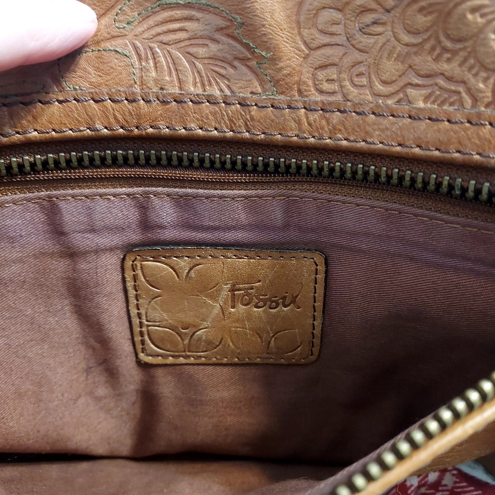 Fossil Sasha Floral Tooled Stitched British Tan Leather Crossbody Bag Boho - Picture 10 of 16
